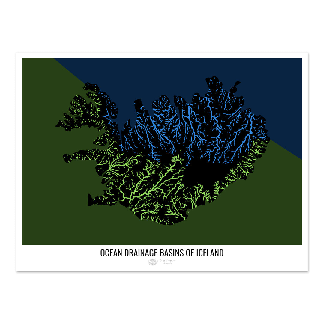 Iceland - Ocean drainage basin map, black v2 - Fine Art Print
