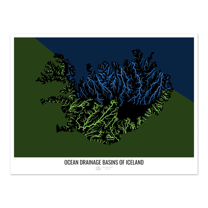 Iceland - Ocean drainage basin map, black v2 - Photo Art Print