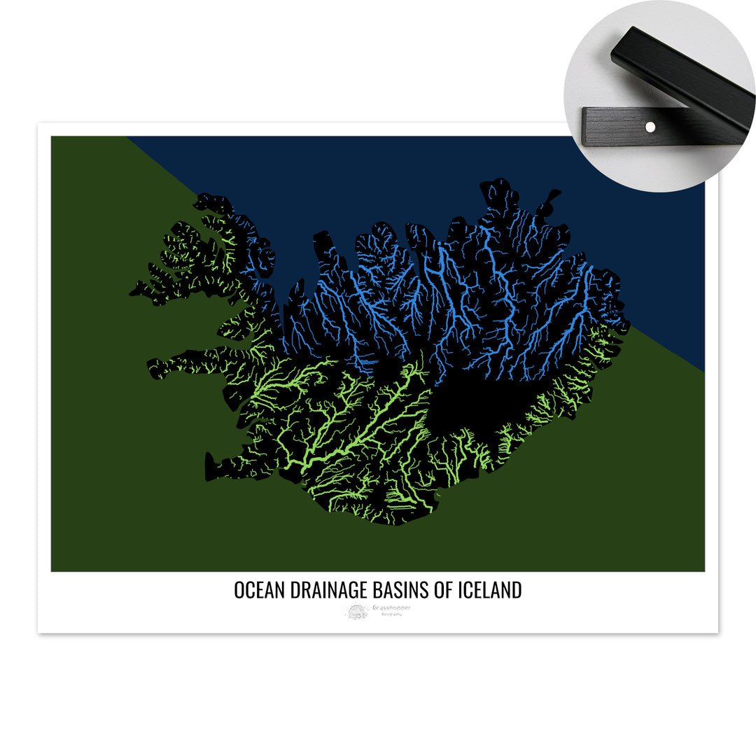 Islande - Carte des bassins versants océaniques, noir v2 - Tirage d'art avec cintre