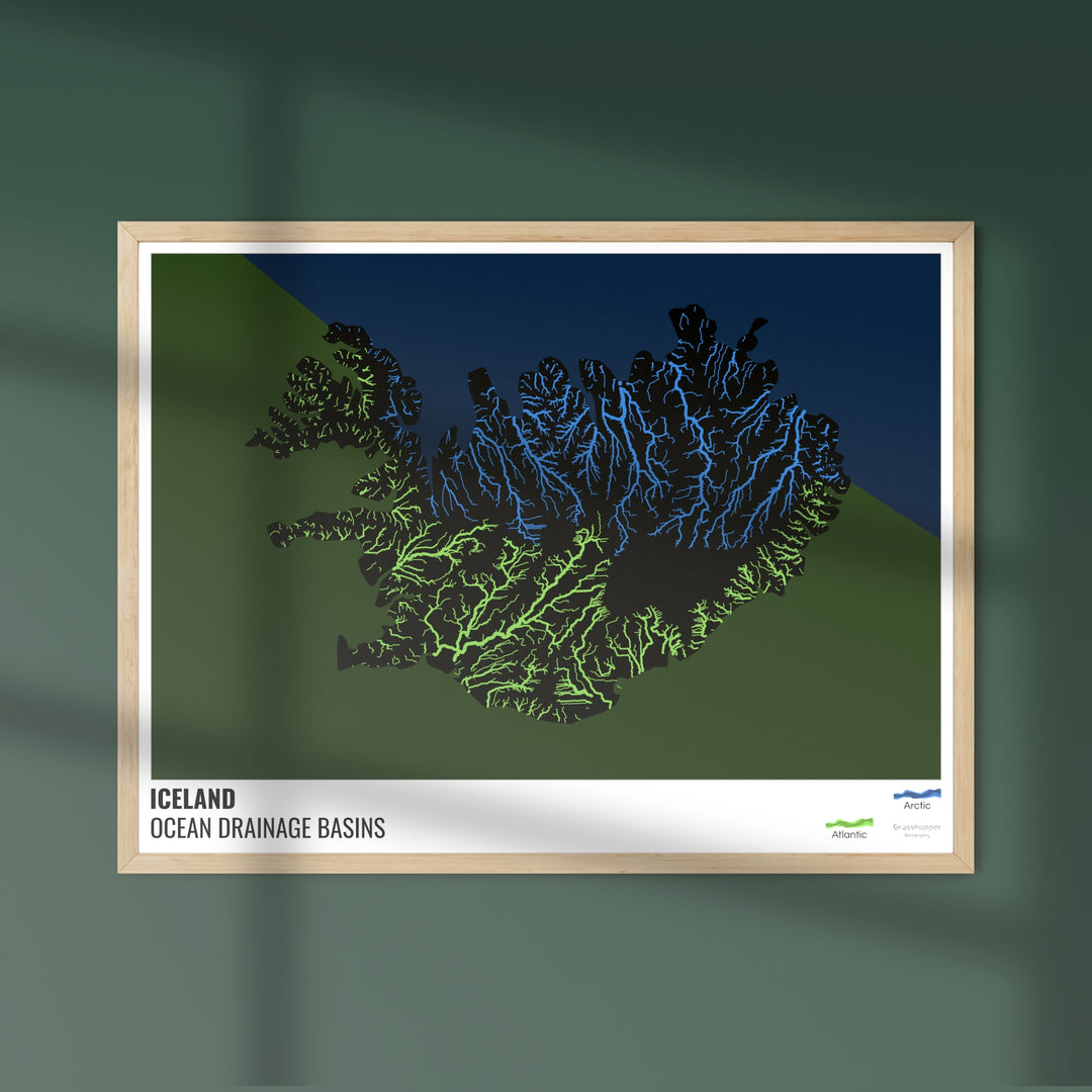 Islande - Carte des bassins hydrographiques océaniques, noire avec légende v2 - Tirage photo artistique