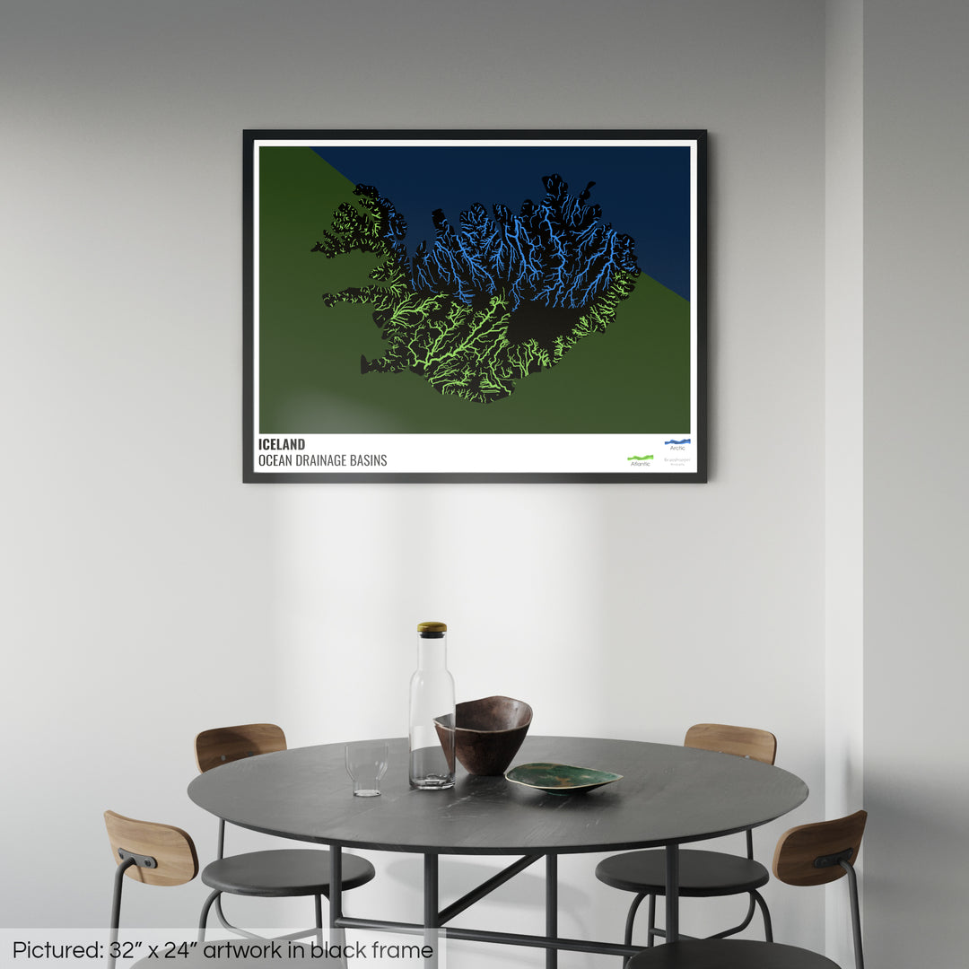 Islande - Carte des bassins hydrographiques océaniques, noire avec légende v2 - Impression encadrée