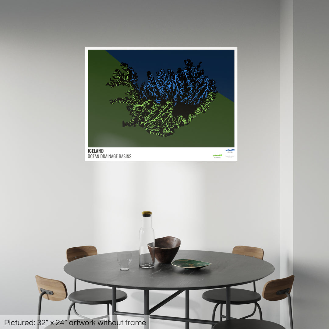 Islandia - Mapa de la cuenca hidrográfica del océano, negro con leyenda v2 - Impresión fotográfica
