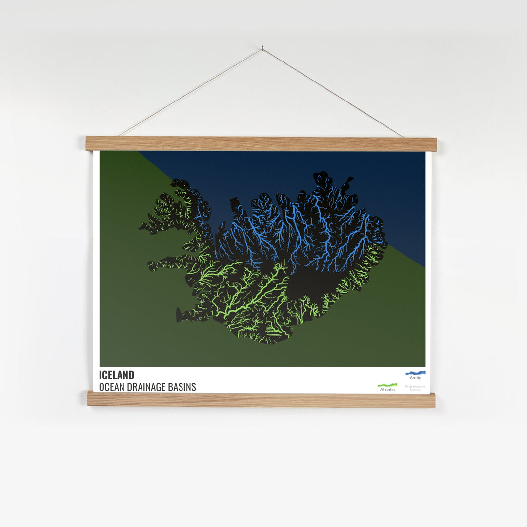 Islande - Carte des bassins versants océaniques, noire avec légende v2 - Tirage d'art avec cintre