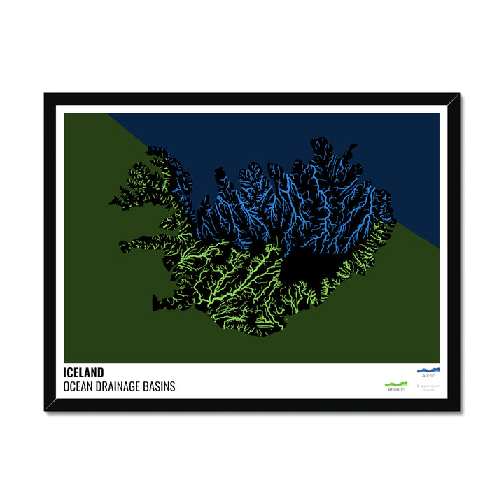 Iceland - Ocean drainage basin map, black with legend v2 - Framed Print