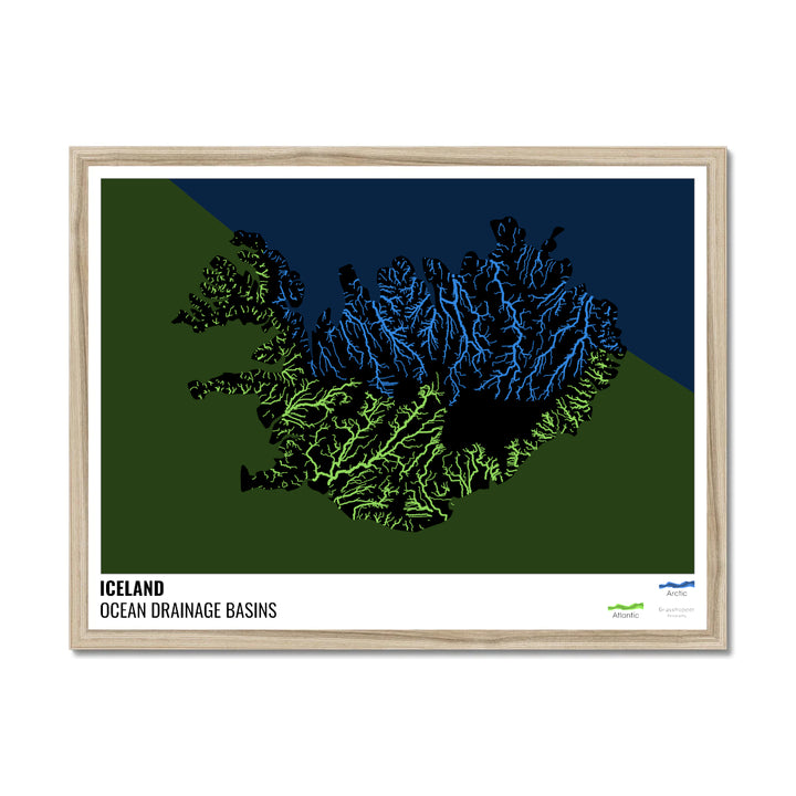Iceland - Ocean drainage basin map, black with legend v2 - Framed Print