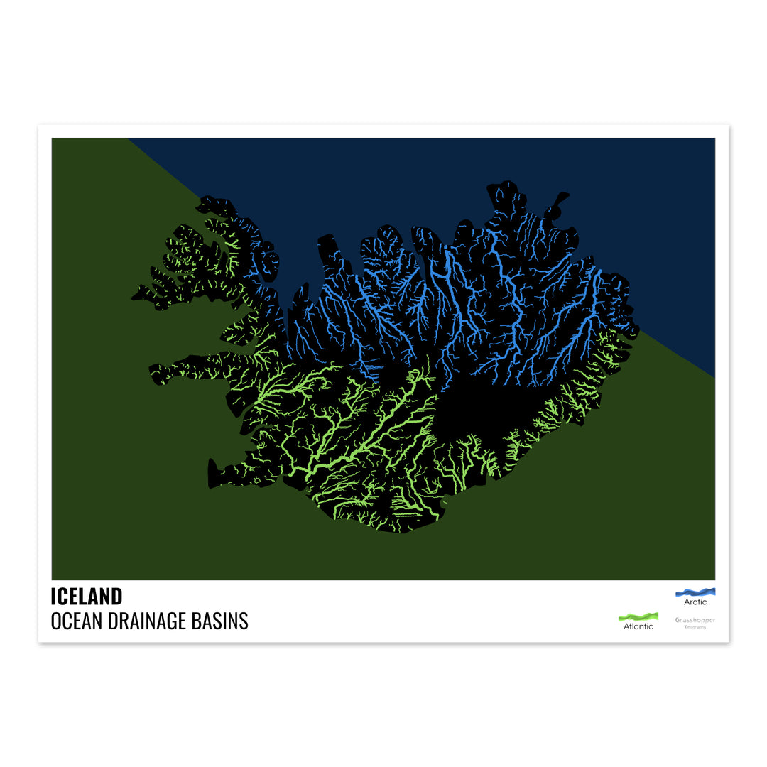 Islande - Carte des bassins hydrographiques océaniques, noire avec légende v2 - Fine Art Print