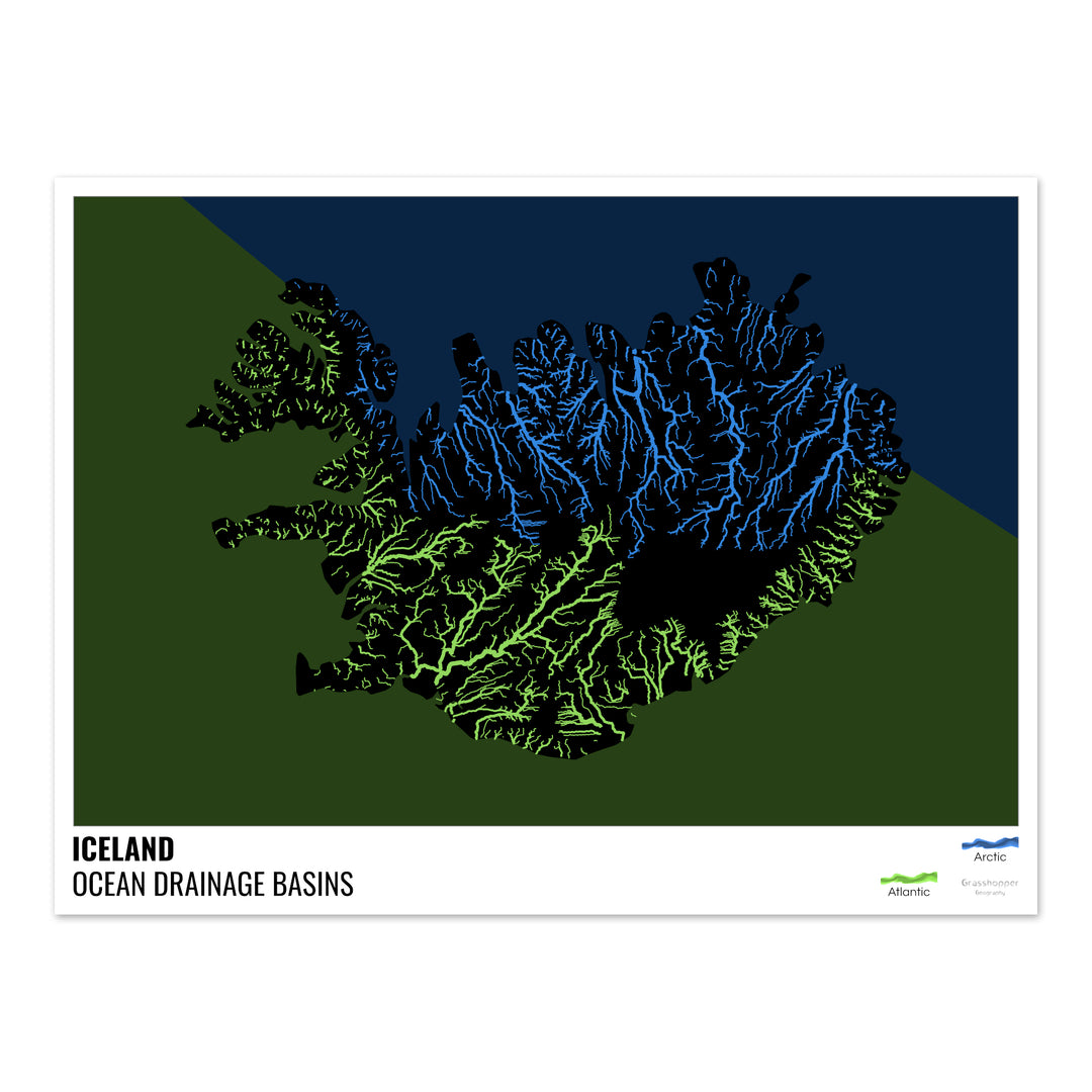 Islande - Carte des bassins hydrographiques océaniques, noire avec légende v2 - Tirage photo artistique