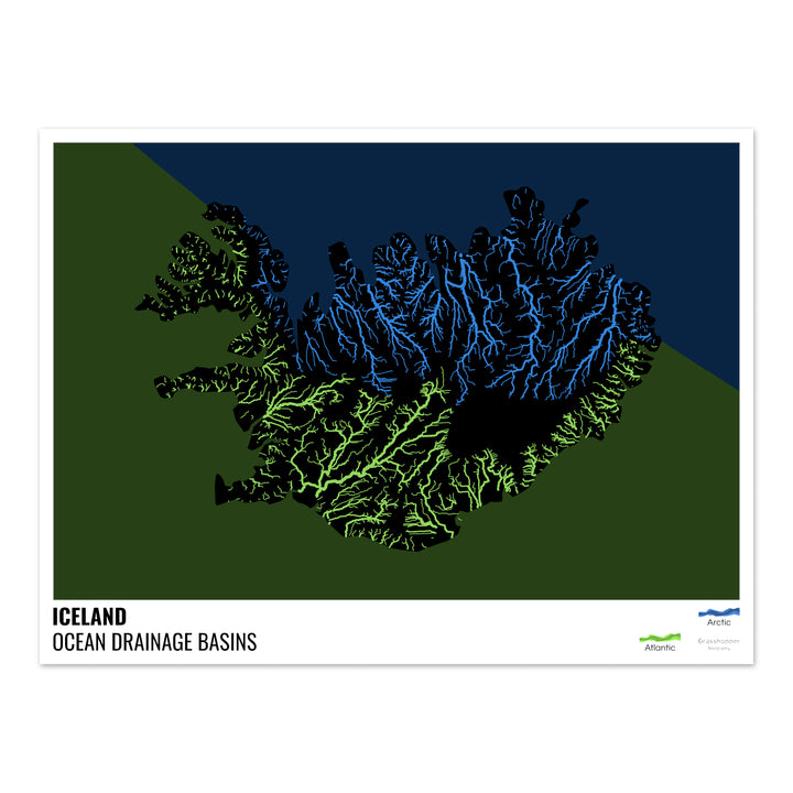 Islandia - Mapa de la cuenca hidrográfica del océano, negro con leyenda v2 - Impresión fotográfica