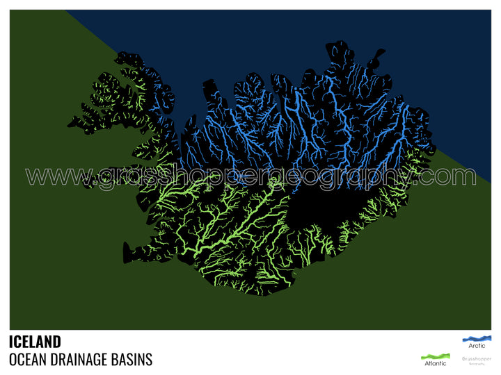 Islandia - Mapa de la cuenca hidrográfica del océano, negro con leyenda v2 - Impresión fotográfica