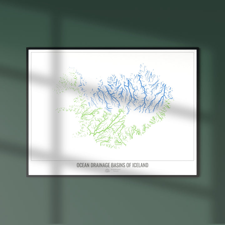 Islandia - Mapa de la cuenca hidrográfica del océano, blanco v1 - Impresión fotográfica