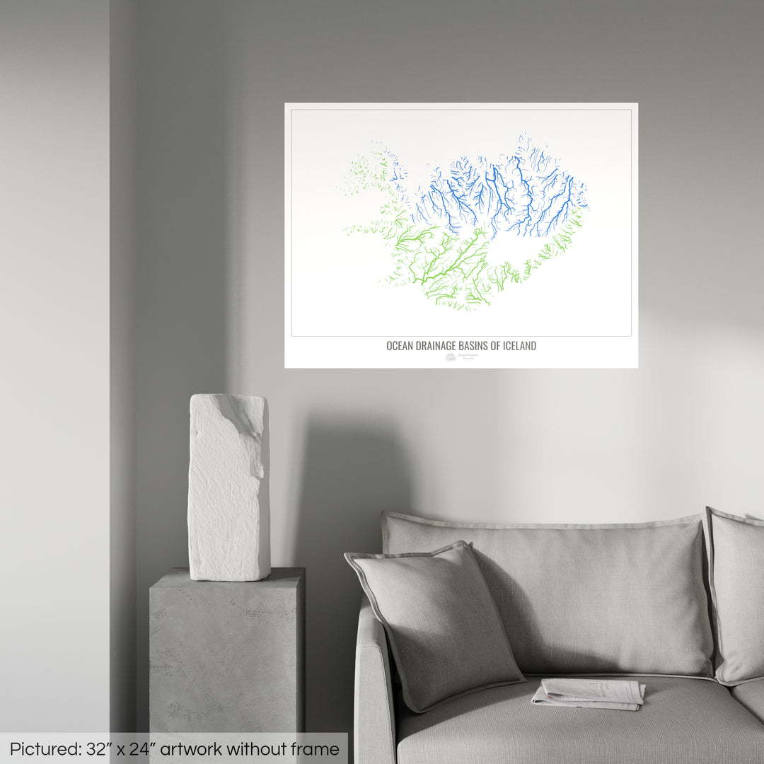 Iceland - Ocean drainage basin map, white v1 - Photo Art Print