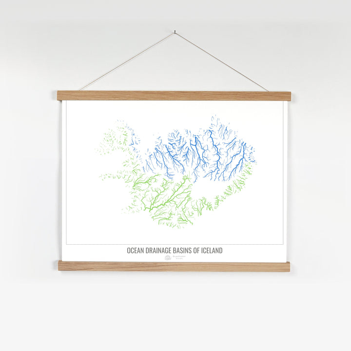 Islande - Carte du bassin versant océanique, blanc v1 - Tirage d'art avec cintre
