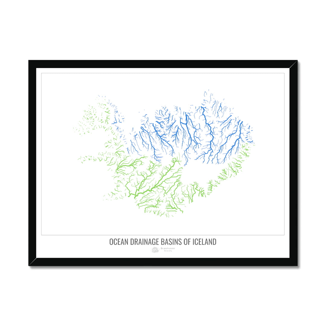 Islandia - Mapa de la cuenca de drenaje oceánico, blanco v1 - Lámina enmarcada