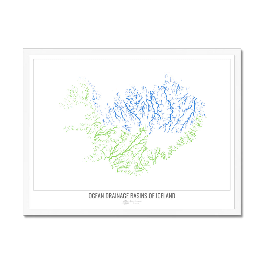 Islandia - Mapa de la cuenca de drenaje oceánico, blanco v1 - Lámina enmarcada