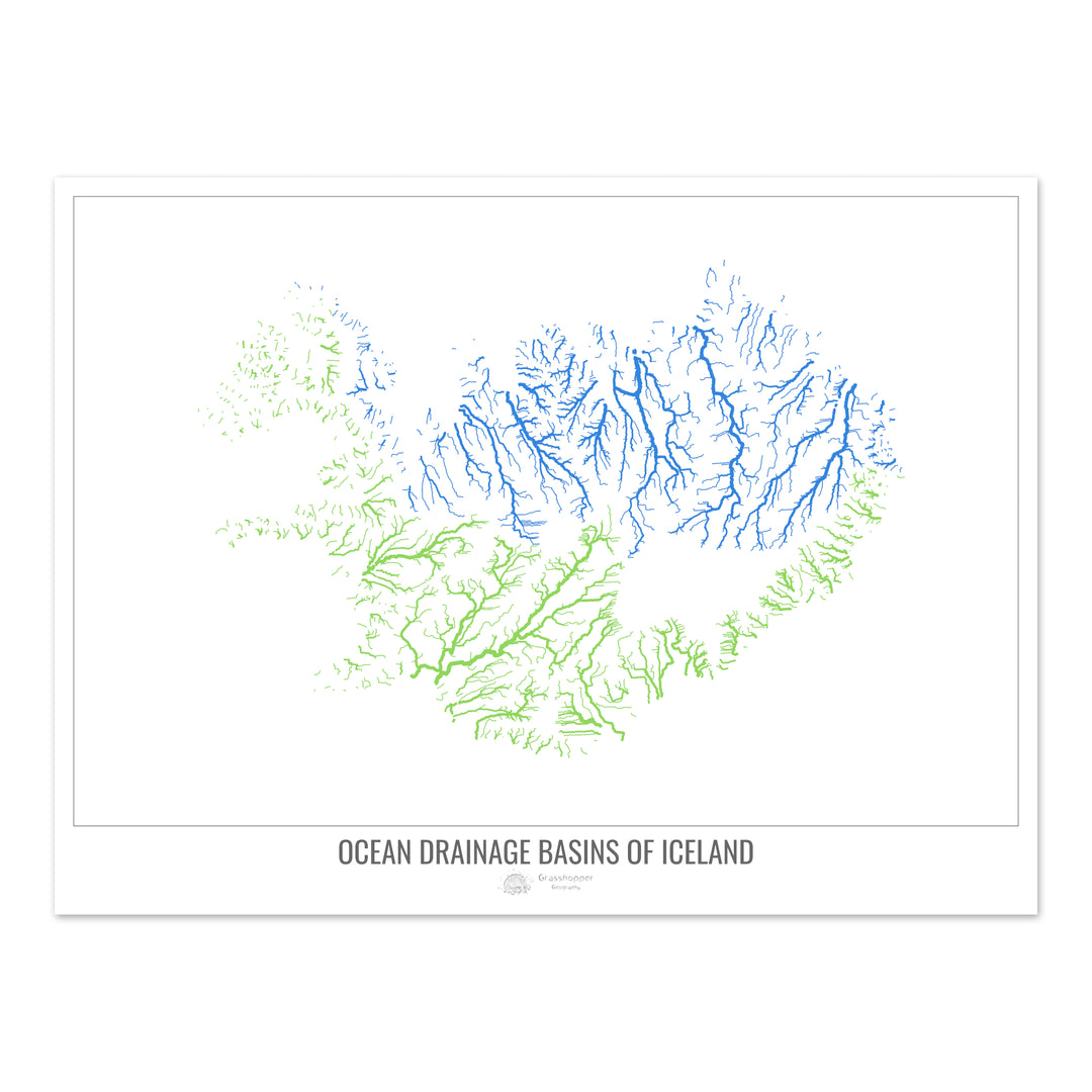 Islandia - Mapa de la cuenca hidrográfica del océano, blanco v1 - Impresión de bellas artes