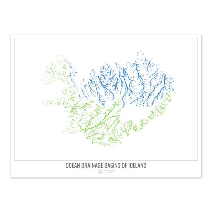 Islande - Carte des bassins versants océaniques, blanc v1 - Fine Art Print