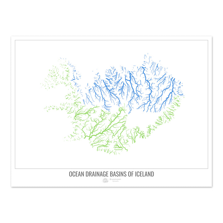 Islandia - Mapa de la cuenca hidrográfica del océano, blanco v1 - Impresión fotográfica