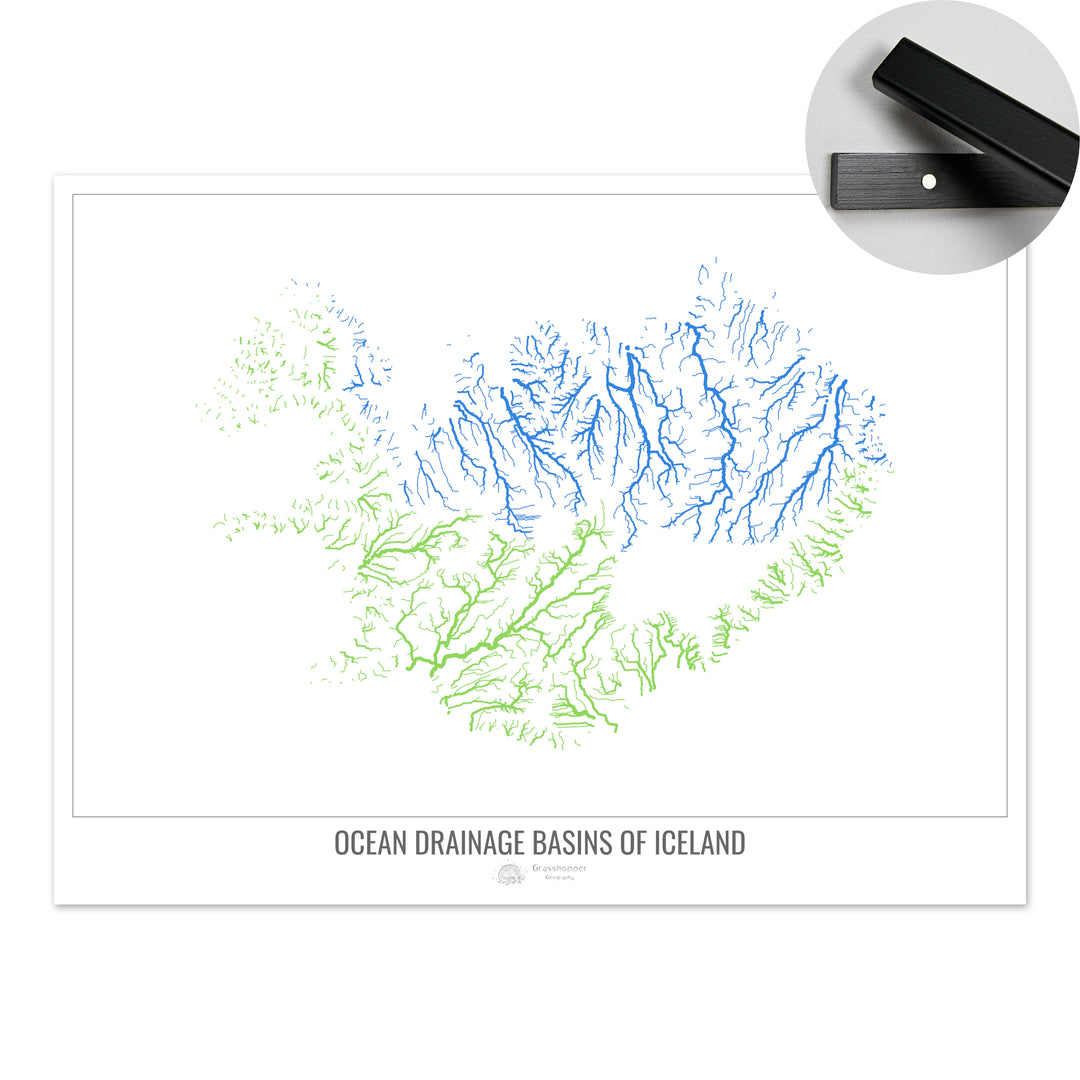 Islandia - Mapa de la cuenca hidrográfica del océano, blanco v1 - Impresión artística con colgador
