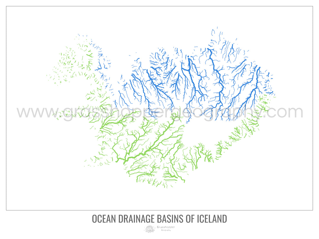 Islandia - Mapa de la cuenca hidrográfica del océano, blanco v1 - Impresión de bellas artes