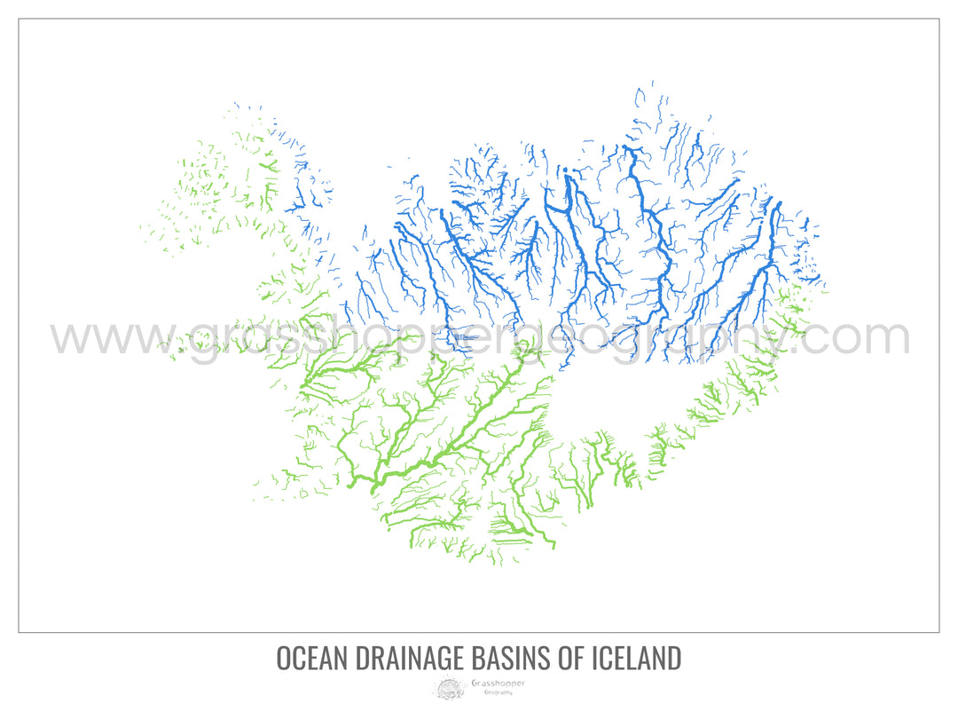 Islande - Carte du bassin versant océanique, blanc v1 - Tirage photo artistique