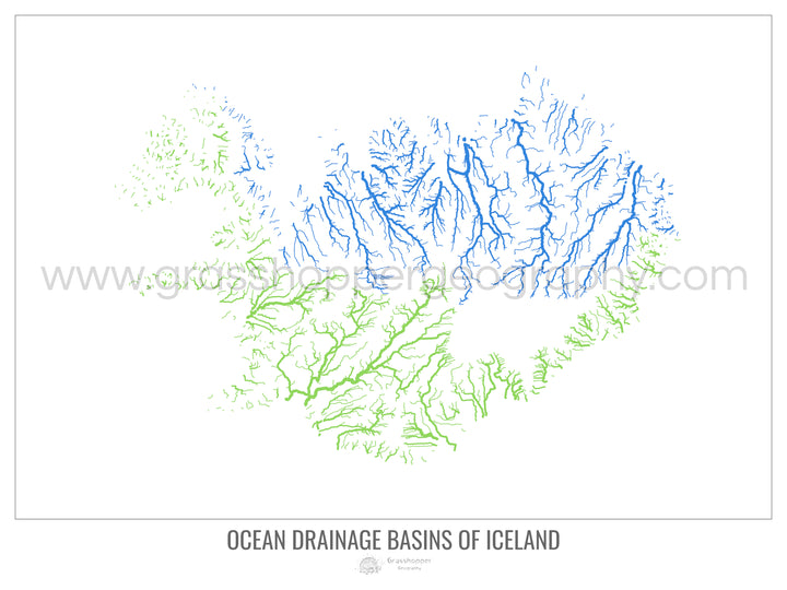 Islandia - Mapa de la cuenca hidrográfica del océano, blanco v1 - Impresión fotográfica