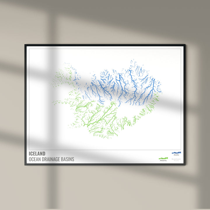 Islandia - Mapa de la cuenca hidrográfica del océano, blanco con leyenda v1 - Impresión de bellas artes