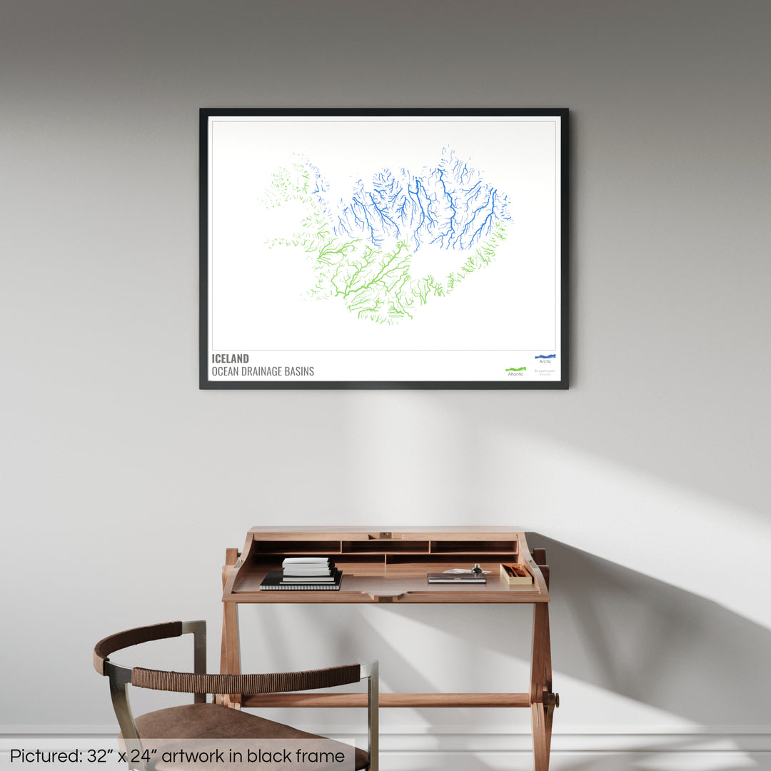 Iceland - Ocean drainage basin map, white with legend v1 - Framed Print