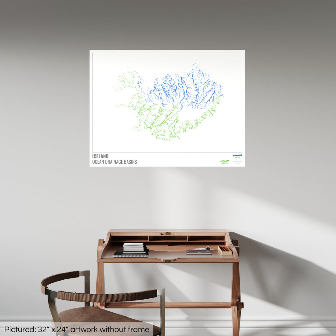 Islande - Carte des bassins versants océaniques, blanche avec légende v1 - Fine Art Print