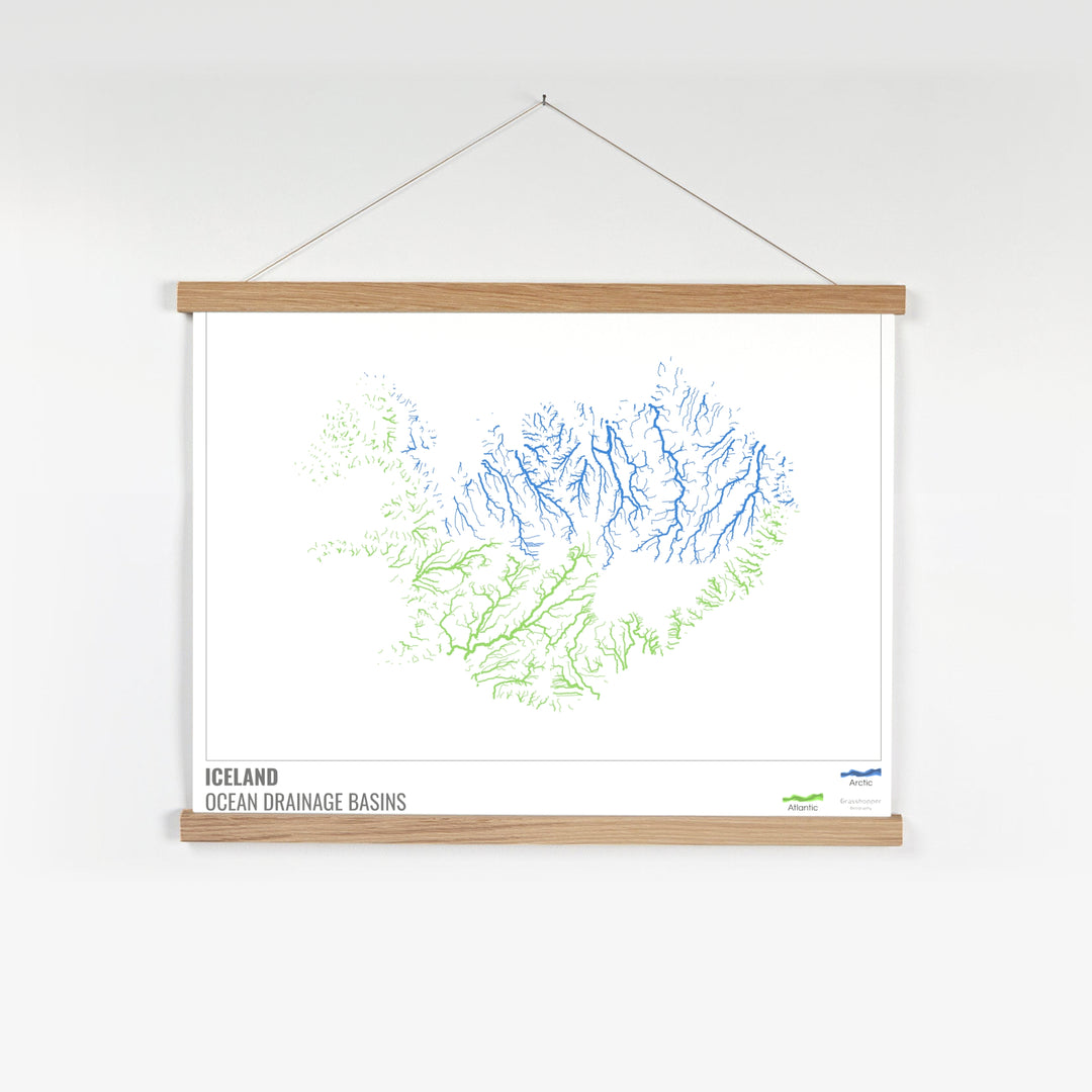 Islande - Carte des bassins hydrographiques océaniques, blanche avec légende v1 - Tirage d'art avec cintre