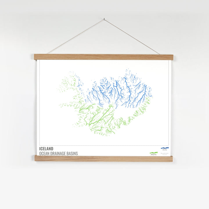 Islandia - Mapa de la cuenca hidrográfica del océano, blanco con leyenda v1 - Impresión artística con colgador