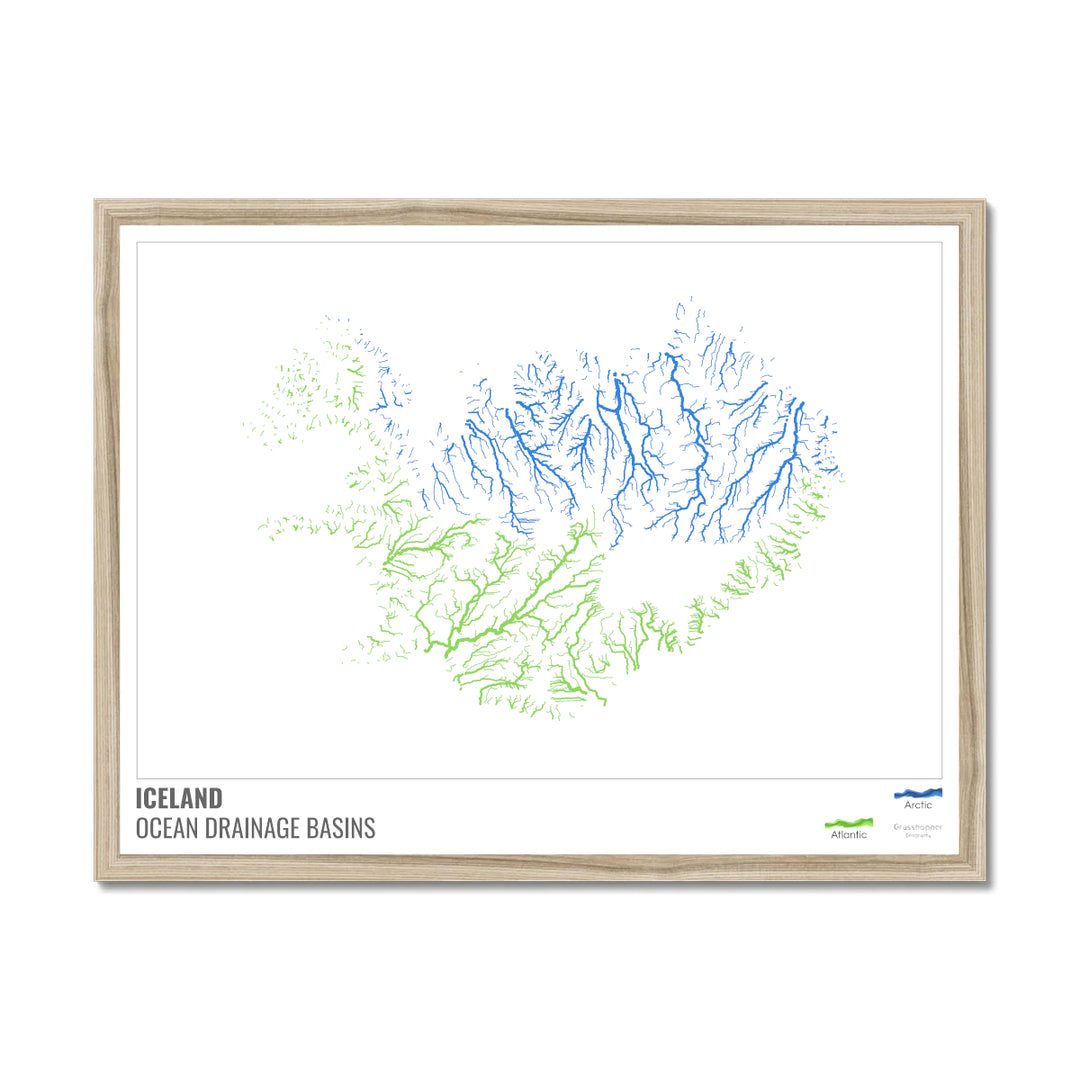 Iceland - Ocean drainage basin map, white with legend v1 - Framed Print