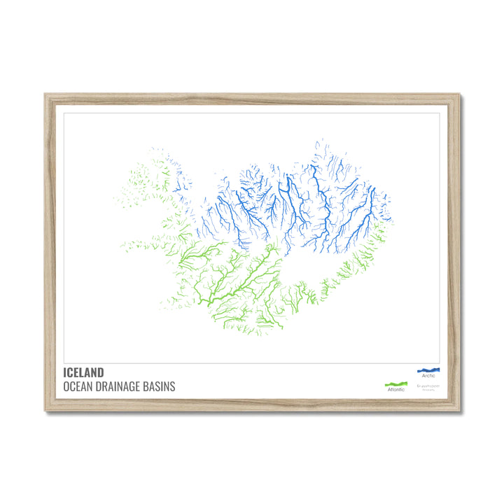 Islandia - Mapa de la cuenca hidrográfica del océano, blanco con leyenda v1 - Lámina enmarcada