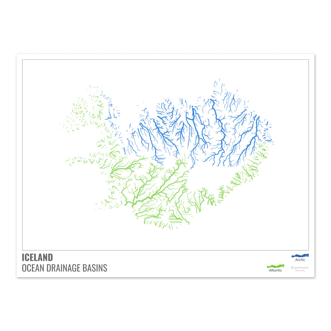 Islandia - Mapa de la cuenca hidrográfica del océano, blanco con leyenda v1 - Impresión de bellas artes