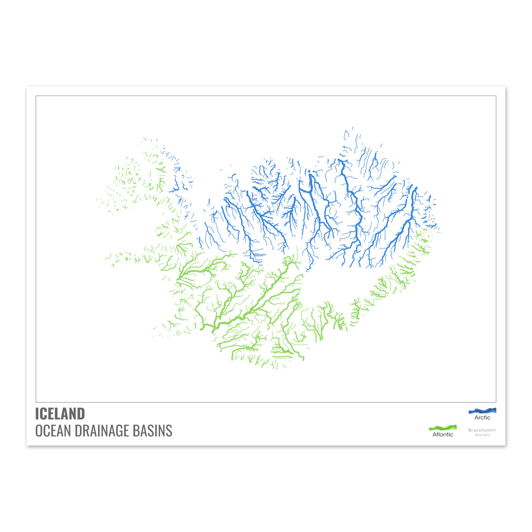 Islande - Carte des bassins versants océaniques, blanche avec légende v1 - Fine Art Print