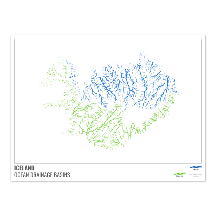 Islandia - Mapa de la cuenca hidrográfica del océano, blanco con leyenda v1 - Impresión de bellas artes