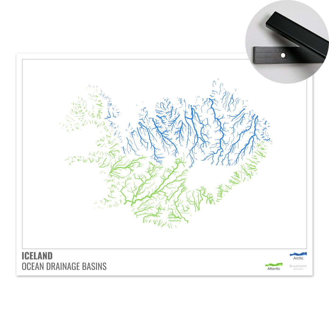 Islandia - Mapa de la cuenca hidrográfica del océano, blanco con leyenda v1 - Impresión artística con colgador