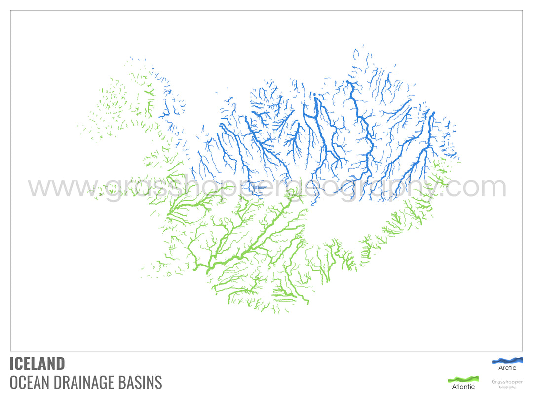 Islandia - Mapa de la cuenca hidrográfica del océano, blanco con leyenda v1 - Impresión de bellas artes