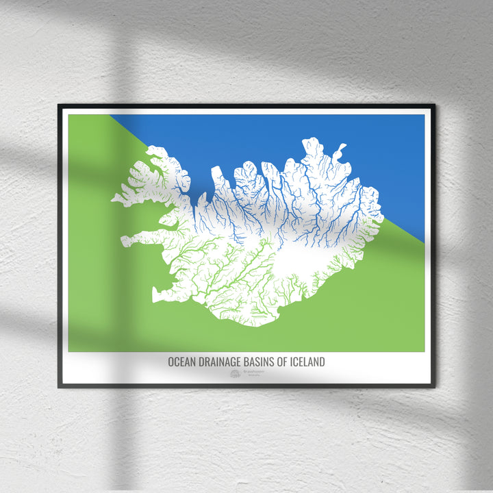 Islandia - Mapa de la cuenca hidrográfica del océano, blanco v2 - Impresión de bellas artes