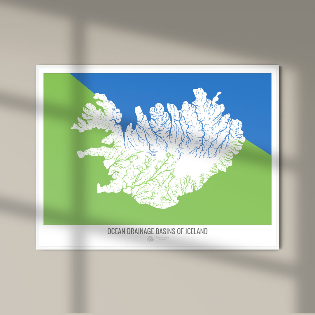 Islandia - Mapa de la cuenca hidrográfica del océano, blanco v2 - Impresión fotográfica