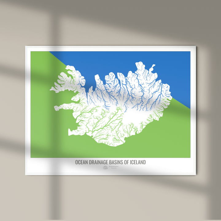 Islande - Carte des bassins hydrographiques océaniques, blanc v2 - Tirage photo artistique