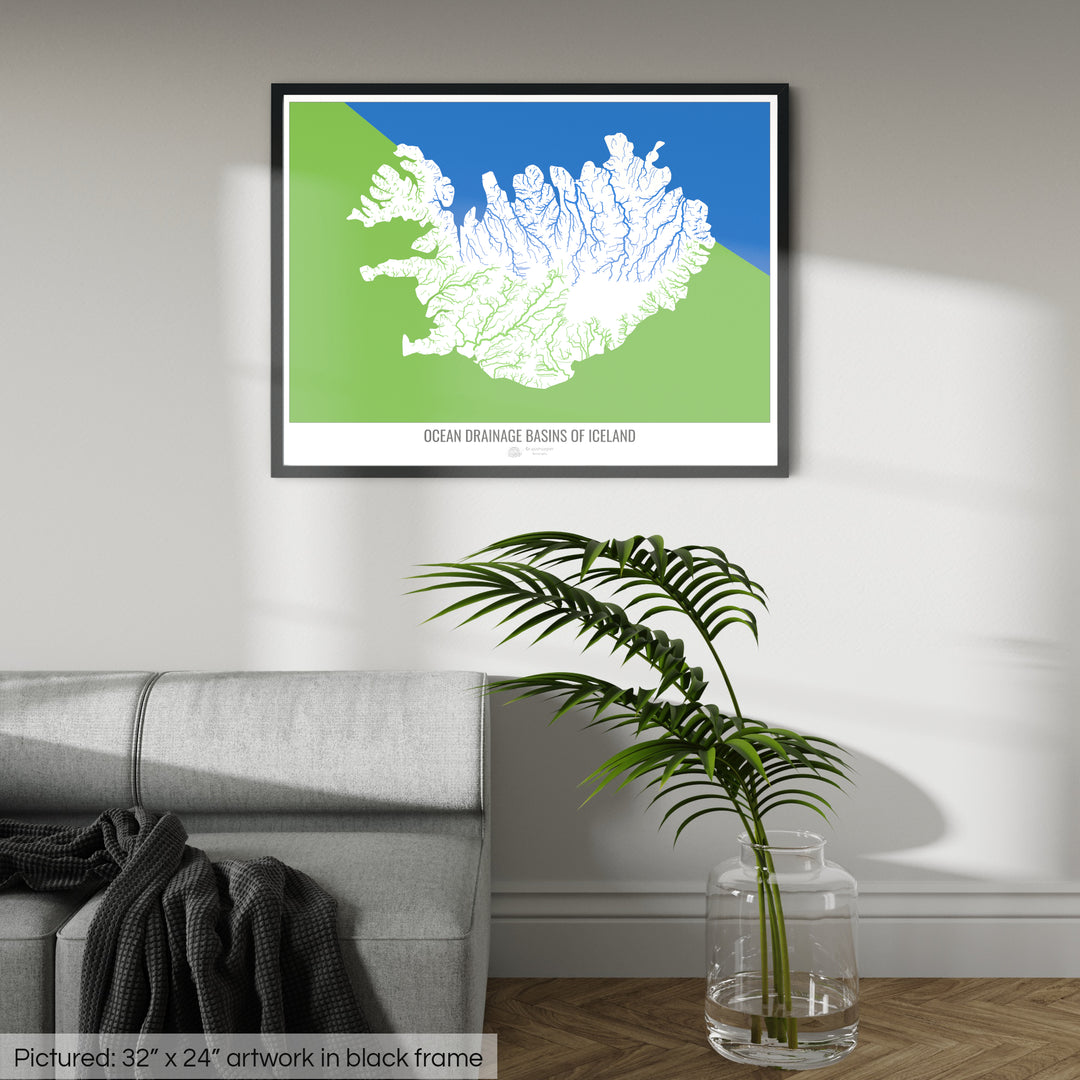 Iceland - Ocean drainage basin map, white v2 - Framed Print