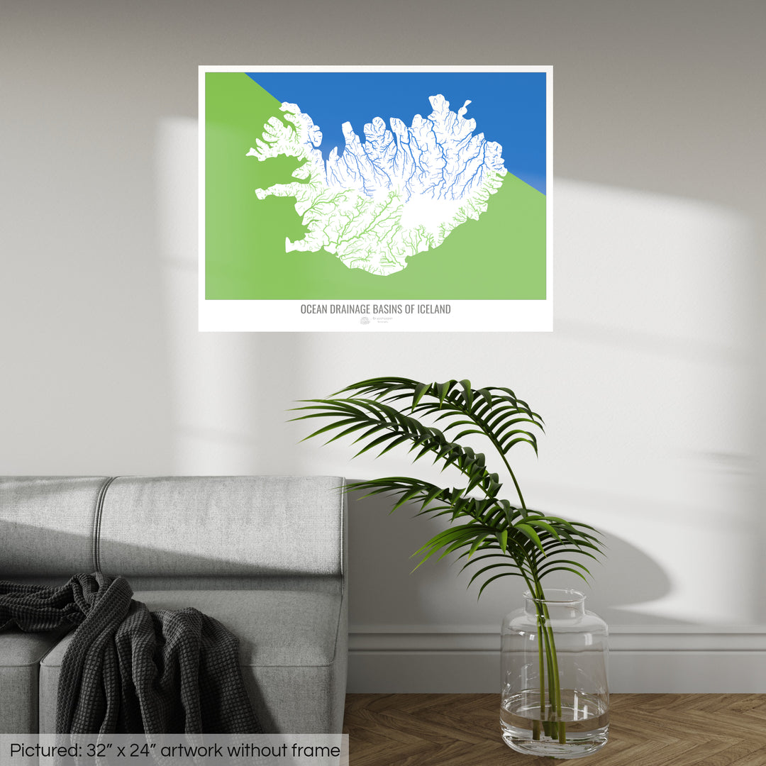 Islande - Carte des bassins hydrographiques océaniques, blanc v2 - Fine Art Print