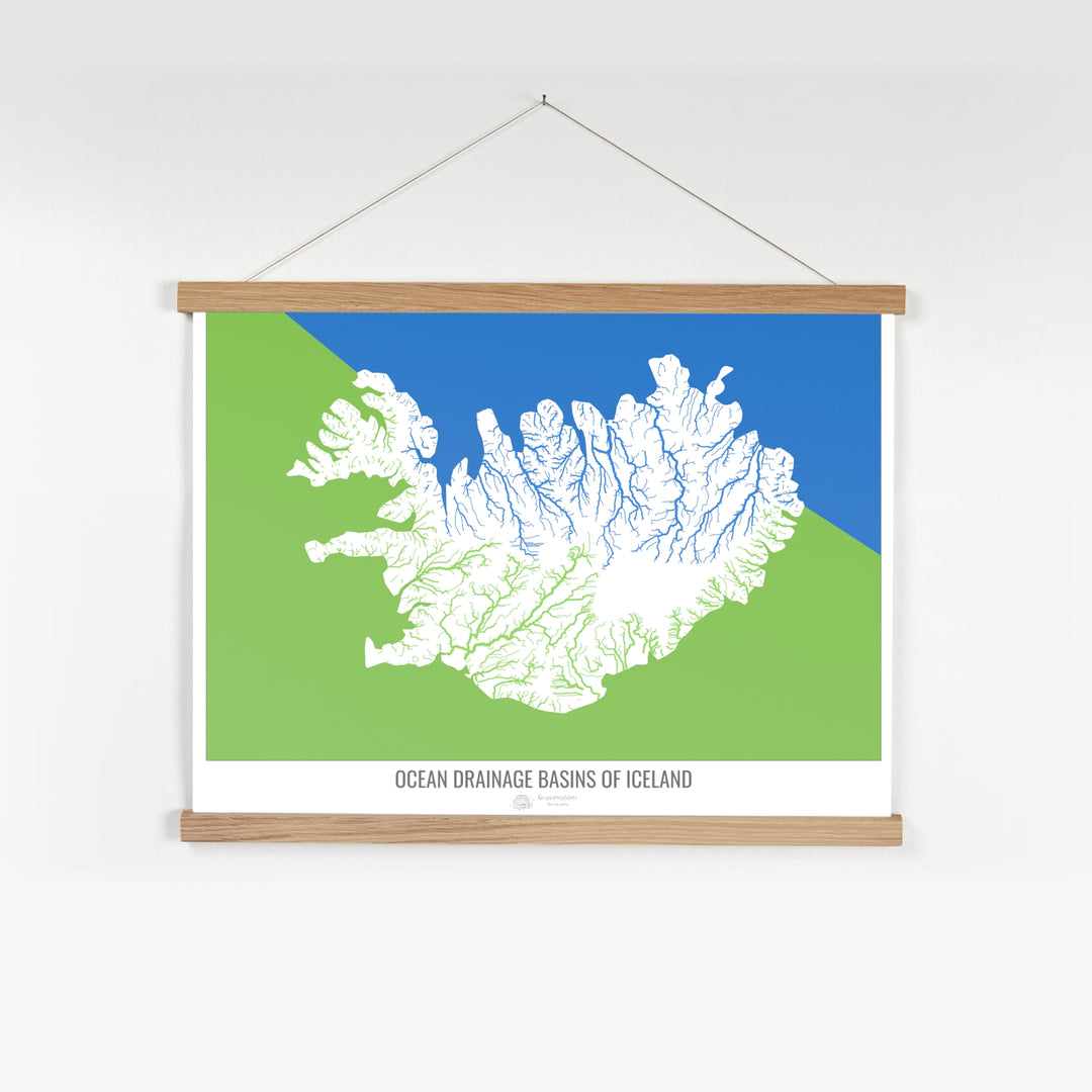 Islandia - Mapa de la cuenca hidrográfica del océano, blanco v2 - Impresión artística con colgador