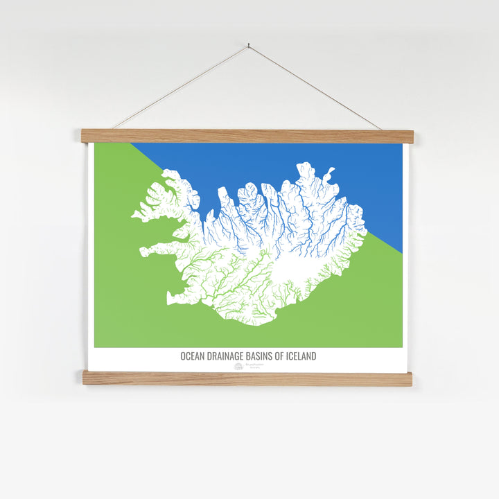 Islande - Carte des bassins hydrographiques océaniques, blanc v2 - Tirage d'art avec cintre
