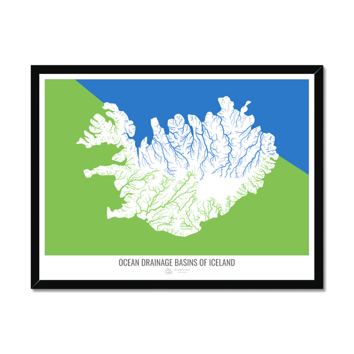Islandia - Mapa de la cuenca de drenaje oceánico, blanco v2 - Lámina enmarcada