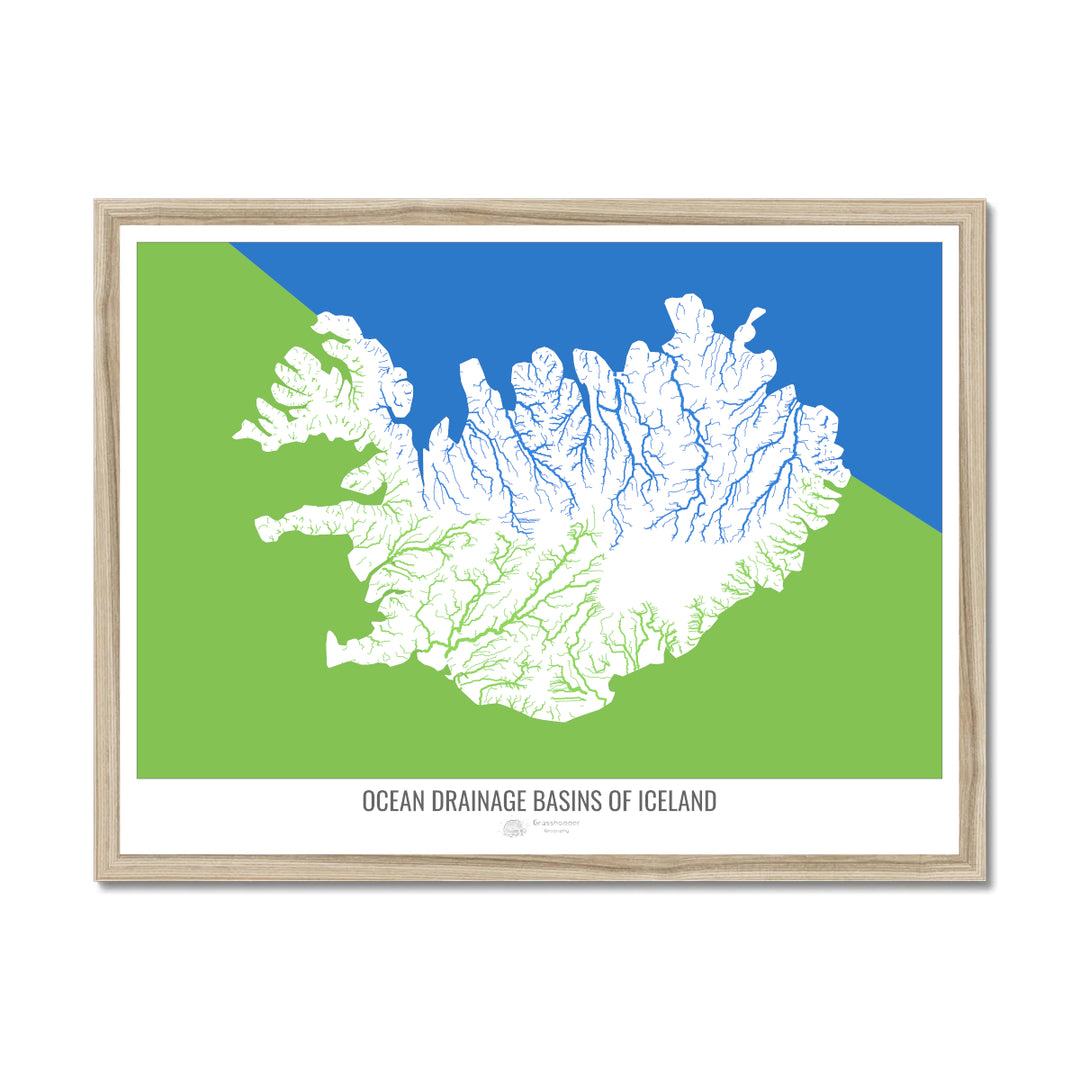 Islande - Carte du bassin versant océanique, blanc v2 - Impression encadrée