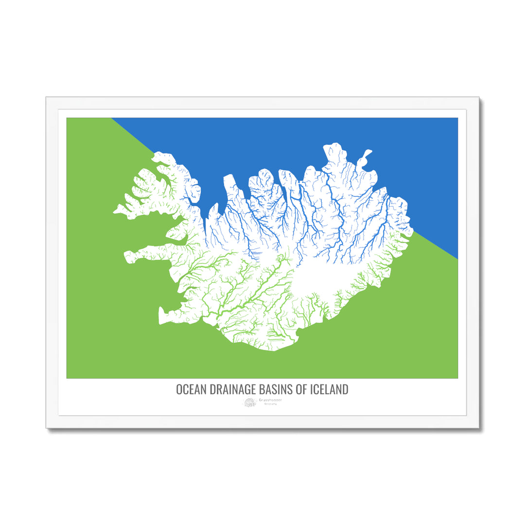 Islandia - Mapa de la cuenca de drenaje oceánico, blanco v2 - Lámina enmarcada