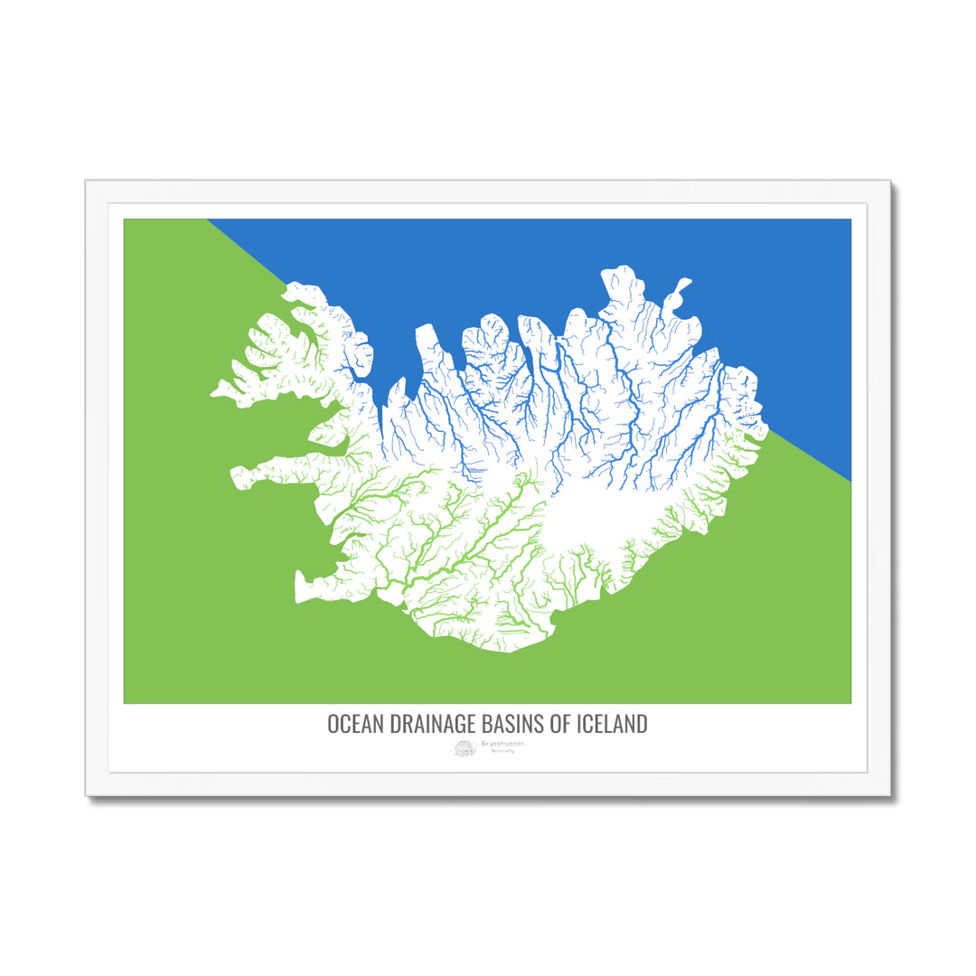 Islande - Carte du bassin versant océanique, blanc v2 - Impression encadrée