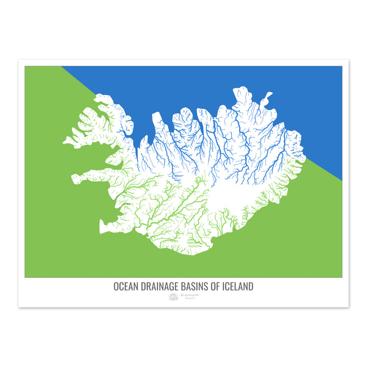 Islandia - Mapa de la cuenca hidrográfica del océano, blanco v2 - Impresión de bellas artes