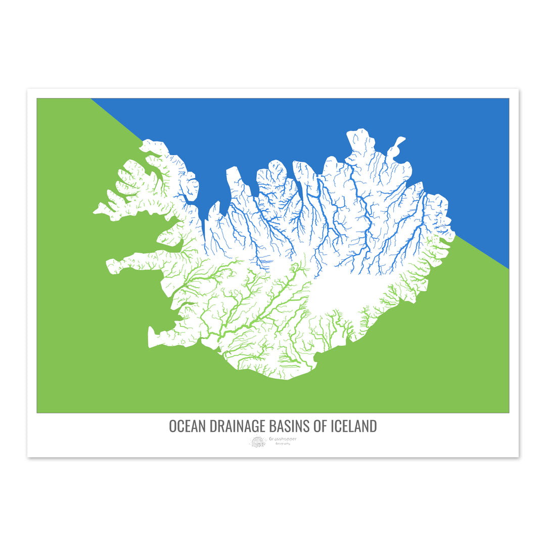 Iceland - Ocean drainage basin map, white v2 - Photo Art Print